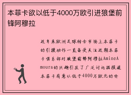 本菲卡欲以低于4000万欧引进狼堡前锋阿穆拉