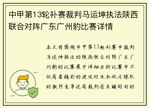 中甲第13轮补赛裁判马运坤执法陕西联合对阵广东广州豹比赛详情